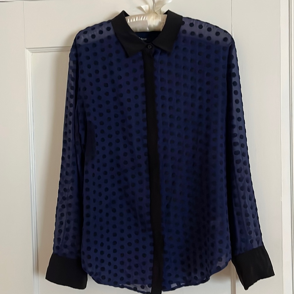 Madewell navy & black polka dot silk-sheer blouse, size L